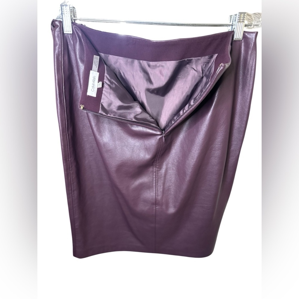Calvin Klein Plum Faux-Leather Draped Pencil Skirt - Picture 2 of 8